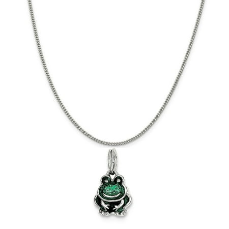 - Sterling Silver Green Enameled Frog Charm on a Sterling Silver Curb Chain Necklace, 18