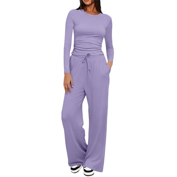 TZZQ Women's 2 Piece Matching Lounge Sets Slim Fit Long Sleeve Pullover Tops Drawstring Wide Leg Active Stretch Pants with Pockets Going Out Causal Tracksuits Athleisure Workout Set Purple Xs