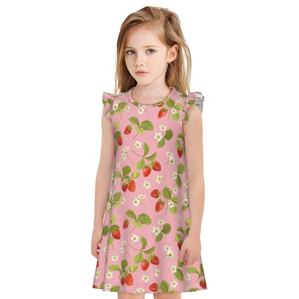 Balery Strawberry Floral Camisón de princesa para niñas, pijama de algodón con mangas abullonadas, suave y bonito.-Medium
