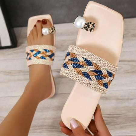 

〖Yilirongyumm〗 Beige 37 Slippers For Women Ladies Shoes Summer Slippers Fashion Pearl Ethnic Style Thong Flat Slippers