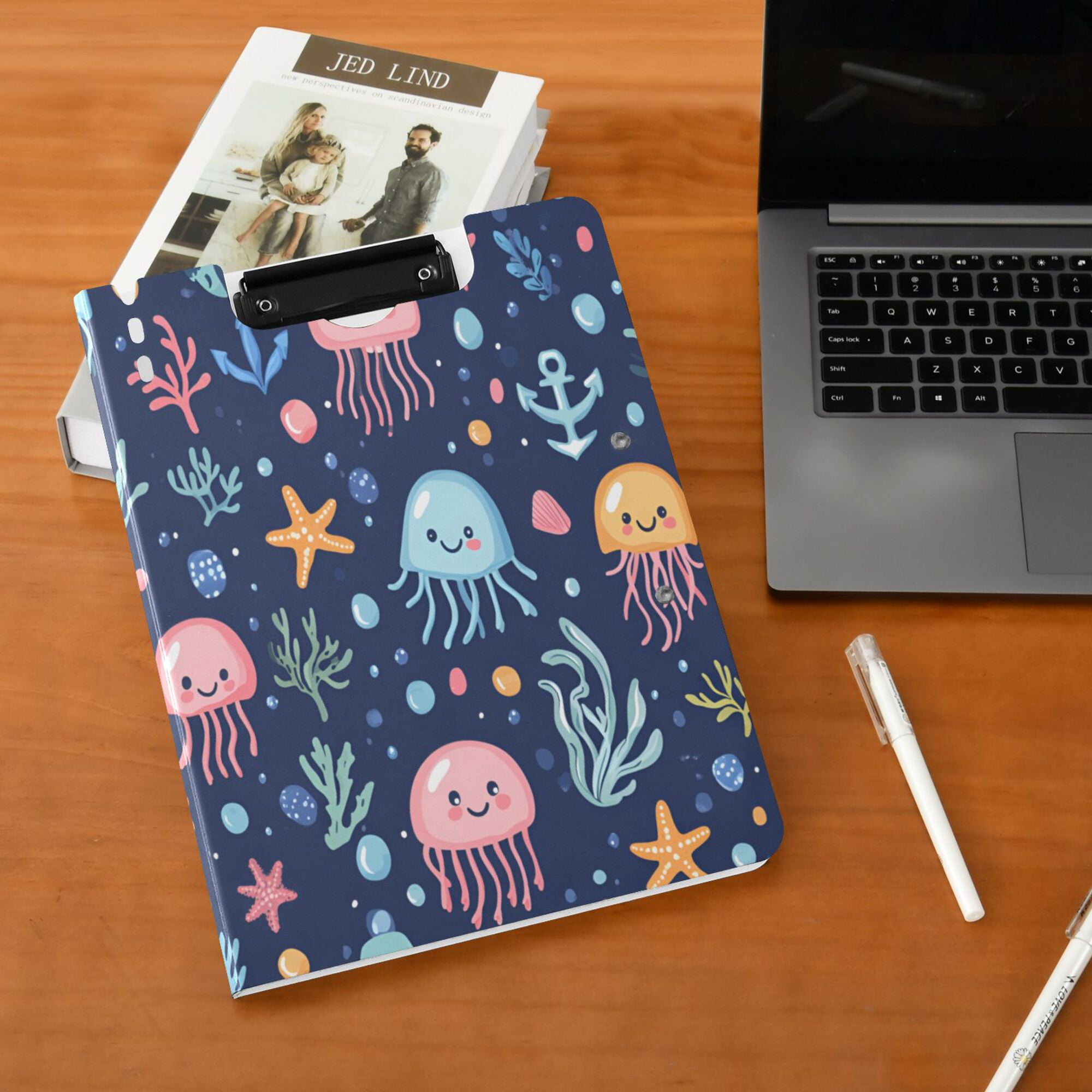 FORMRS A4 Clipboard Folder with Pen Holder Horizontal Foldable School Office Binder, Yellow Jellyfish