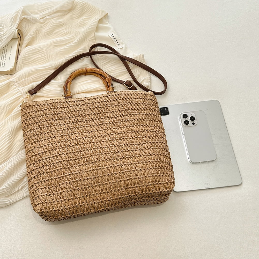 Women Straw Woven Handbag with Bamboo Handle Tote Clutch Bags for Seaside(Khaki) Shoulder Bags for Women