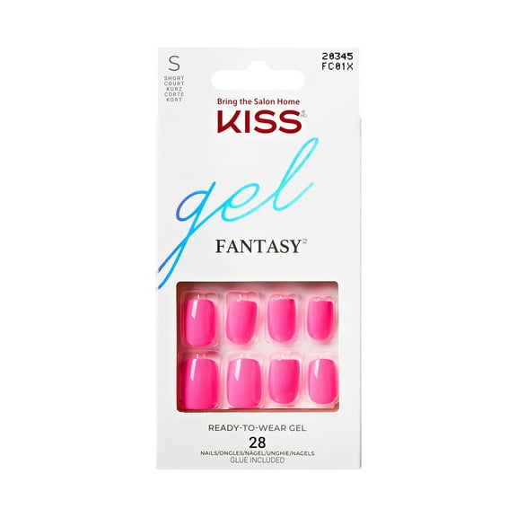 KISS Gel Fantasy Color Press on Nails, Reminder, Pink, Short Squoval, 28 Count