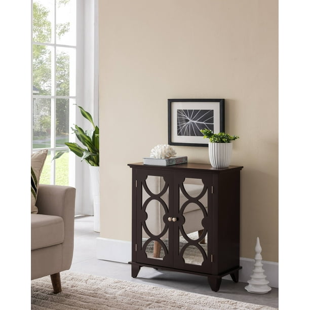 Nafshi Dark Cherry Wood Transitional, Console Table With Mirrored Doors