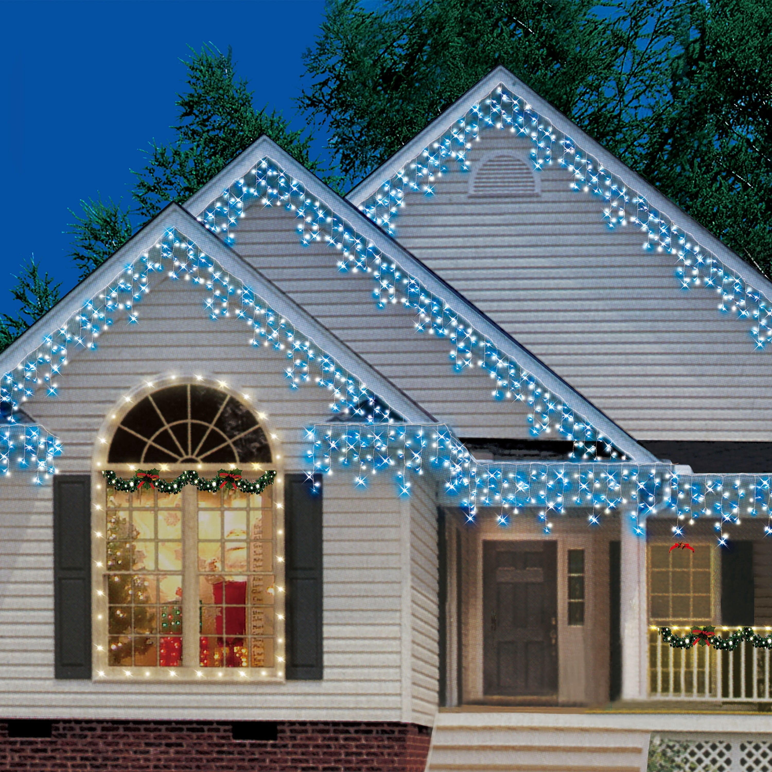 Indoor/Outdoor 200-Count LED Twin-Cicle Christmas Icicle Lights, Frost White and Blue, White Wire, 9', by Holiday Time