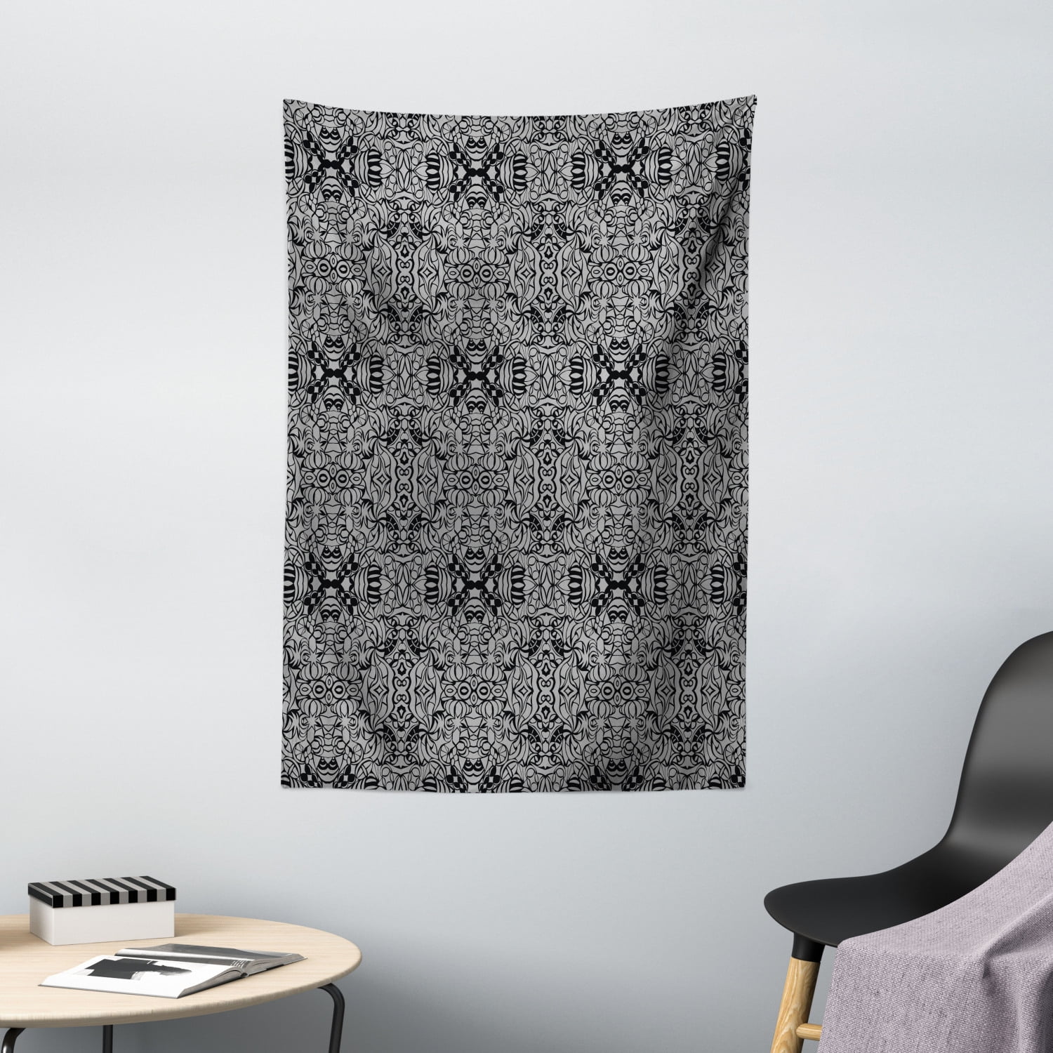 Dark Grey Tapestry, Abstract Antique Pattern with Curves and Swirls