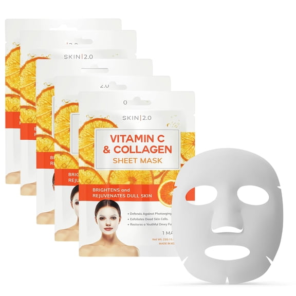 Skin 2.0 Vitamin C & Collagen Sheet Mask - Anti-Aging, Wrinkle & Age Spot Reducer, Hydrating & Moisturizing - Dermatologist Tested Korean Skincare, Clean Beauty, Cruelty-Free, All Skin Types 5 Masks