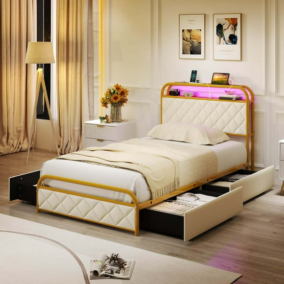 Costway Twin Size Bed Frame with LED Lights & Charging Station Storage Headboard & Drawers Golden
