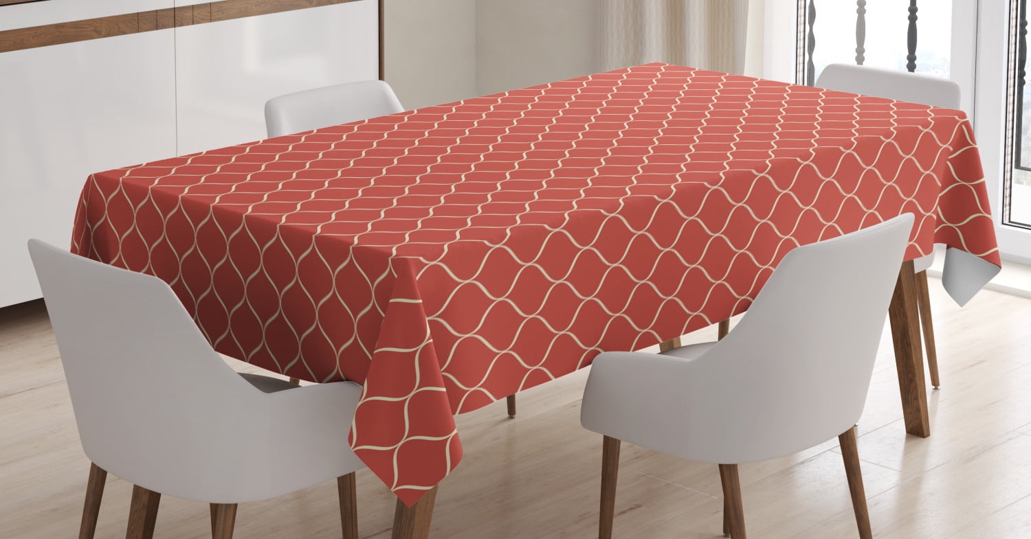 Modern Tablecloth, Vertical Wavy Lines Forming Elliptic Shapes Curvy