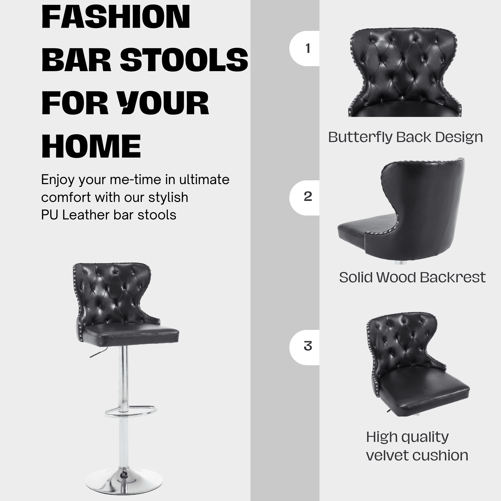 Set of 2 Adjustable Swivel Bar Stools,Faux Leather Upholstered Counter Height Chairs with Nailhead Trim, Silver Footrest, and High Back for Kitchen Island, Home Bar, Dining Room, Cafe,Black