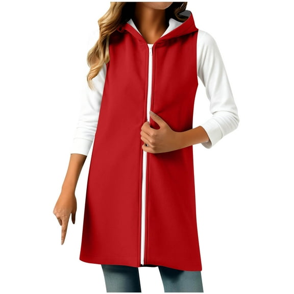 Women's Sleeveless Fleece Hooded Vest with a Stylish Split Hem and a Mid-Length Cut for a Casual Layered Look