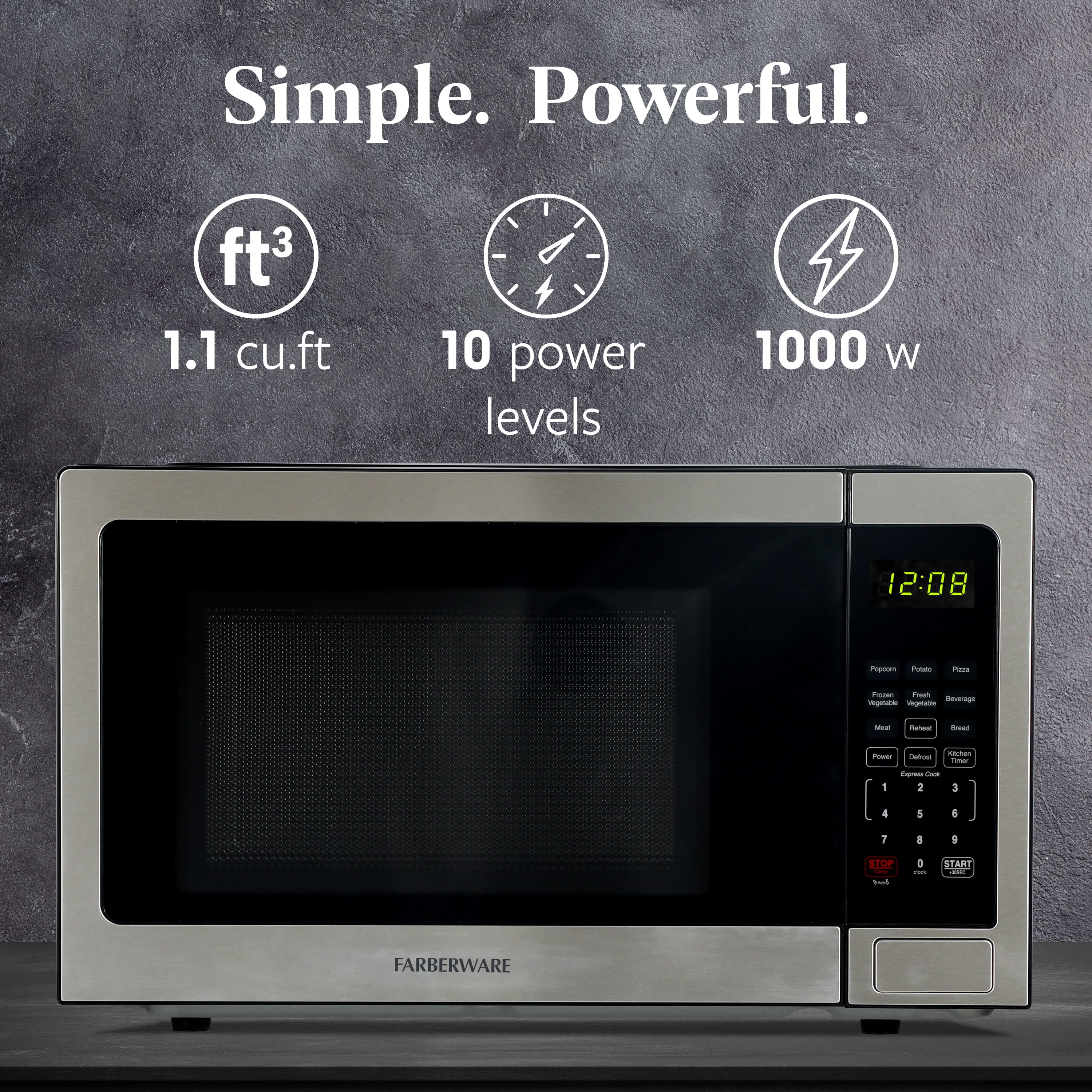Farberware 1.1 Cu. Ft. Countertop Microwave Oven – 1000W Power, Auto Cook Settings, Defrost, and Safety Lock – Stainless Steel