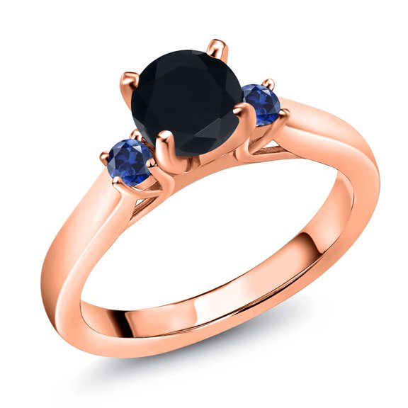 Gem Stone King 18K Rose Gold Plated Silver Black Onyx and Blue Created Sapphire 3-Stone Engagement Ring for Women (0.90 Cttw, Round 6MM, Gemstone December Birthstone, Size 5)
