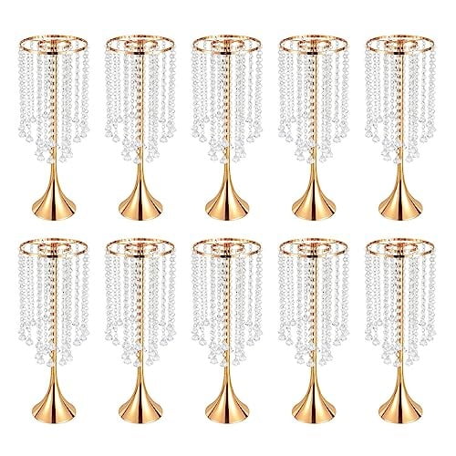 Crystal Flower Stand 10 Pcs Gold Flower Vase Chandelier Wedding Centerpieces, Tall Metal Flower Arrangement Stand, Bulk Metal Centerpieces Vase for Party Reception Ceremony Decoration
