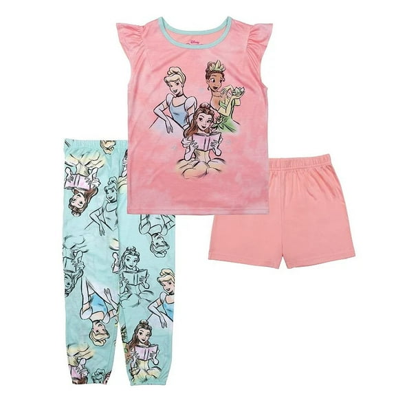 Disney Princess Tiana, Cinderella and Belle Girl's 3-Piece Pajama Set (Size 4)