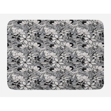 Garden Art Bath Mat, Botanical Pattern with Hand Drawn Flowers Frangipani Mimosa and Lotus, Non-Slip Plush Mat Bathroom Kitchen Laundry Room Decor, 29.5 X 17.5 Inches, Black White Pale Grey, Ambesonne