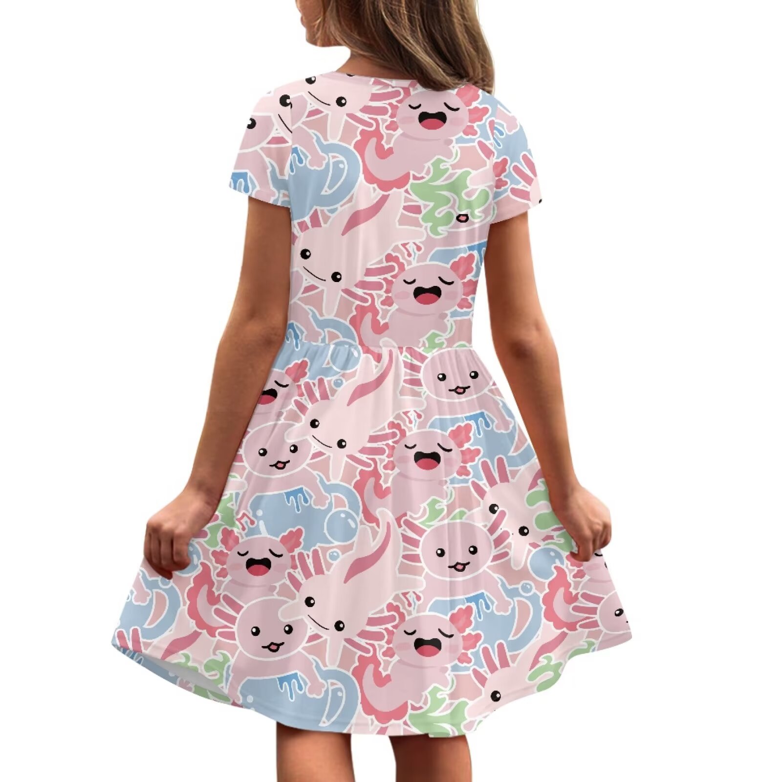 Uourmeti Axolotl Toddler Girls Dresses Summer Cute Short Sleeve Swing Dress Casual Loose Crewneck Knee A-Line Dresses with Pockets Sundresses
