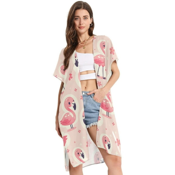 Beach Vacation Clothes Kimono Cardigan Loose Swimsuit Cover Up for Women Cute Pink Flamingo and Flowers S