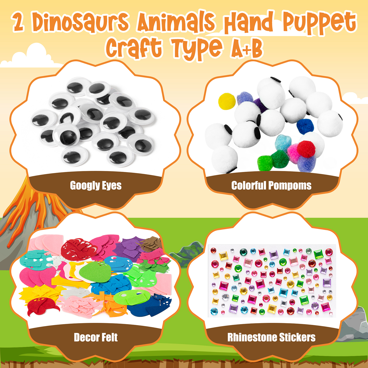 Belanttega 12Pcs Dinosaurs Puppet Making Kit Googly Eyes Rhinestone Stickers DIY Dino Animals Hand Puppet Material School Classroom Activities Supplies Family Interactive Kit