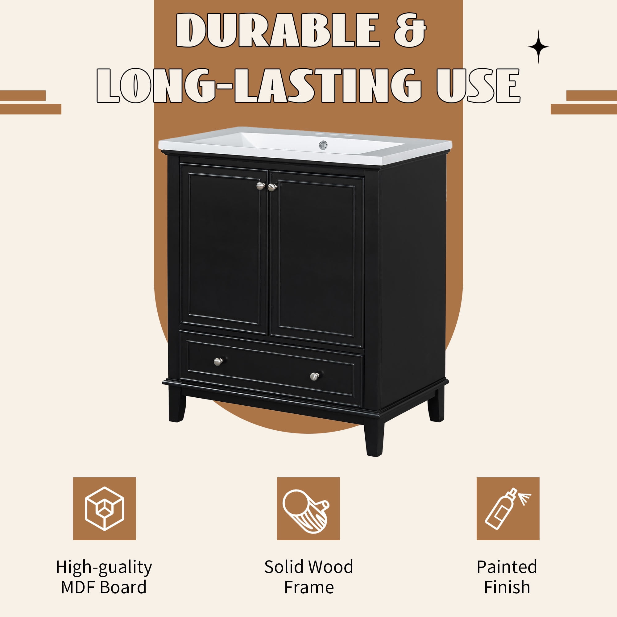 30" Bathroom Vanity Base Only, Solid Wood and MDF, Black, 29.5 in L x 17.8 in W x 33.8 in H