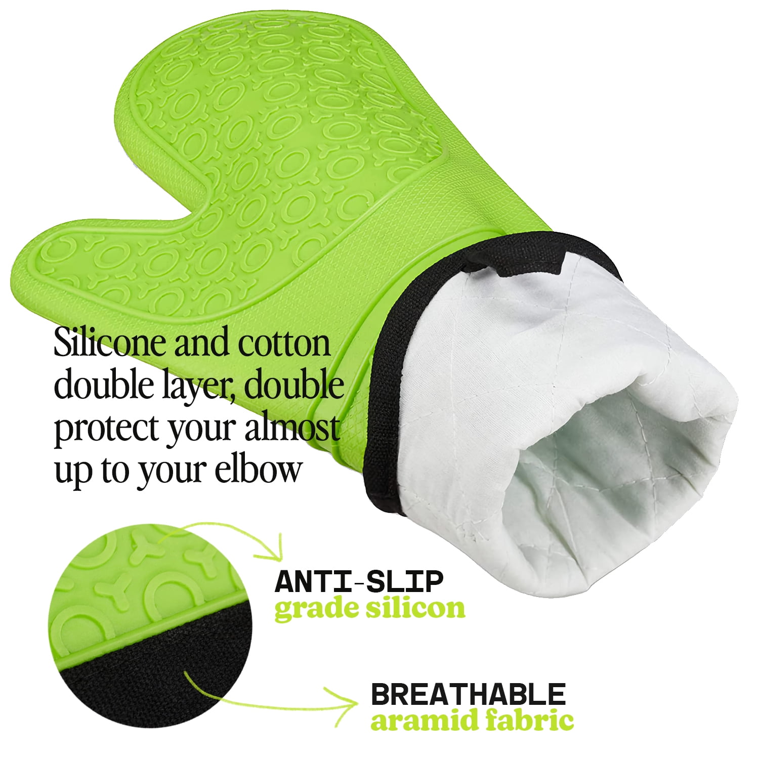 BPA-Free Soft Silicone Oven Mitts - Ultra Heat Resistant Oven Mitts with Thick Cotton Liner - Extra Long Slip Resistant Pot Holders, Flexible Oven Gloves - Green 14.7"
