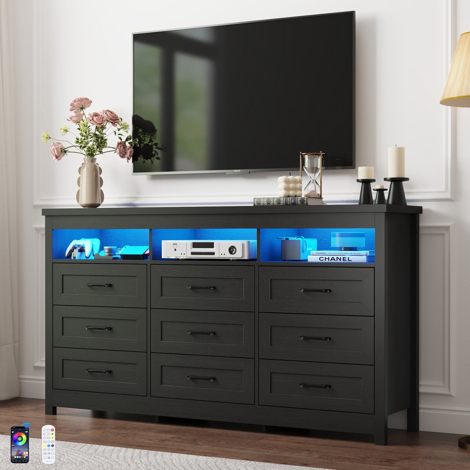 ANPOO Farmhouse 9 Drawers Dresser with LED Lights & Power Outlet, 63" Wide Large Chest of Drawers with Storage Organizer/60000 Colors Light, Modern Wood Dresser for Bedroom, Living Room, Hallway