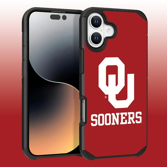 Apple iPhone 16 Plus (6.7) - Licensed NCAA University of Oklahoma Sooners Logo on Red Textured Dual Layer Case