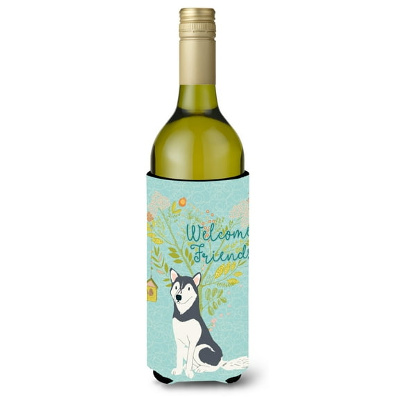 Carolines Treasures BB7594LITERK Welcome Friends Siberian Husky Wine Bottle Beverge Insulator Hugger Wine Bottle