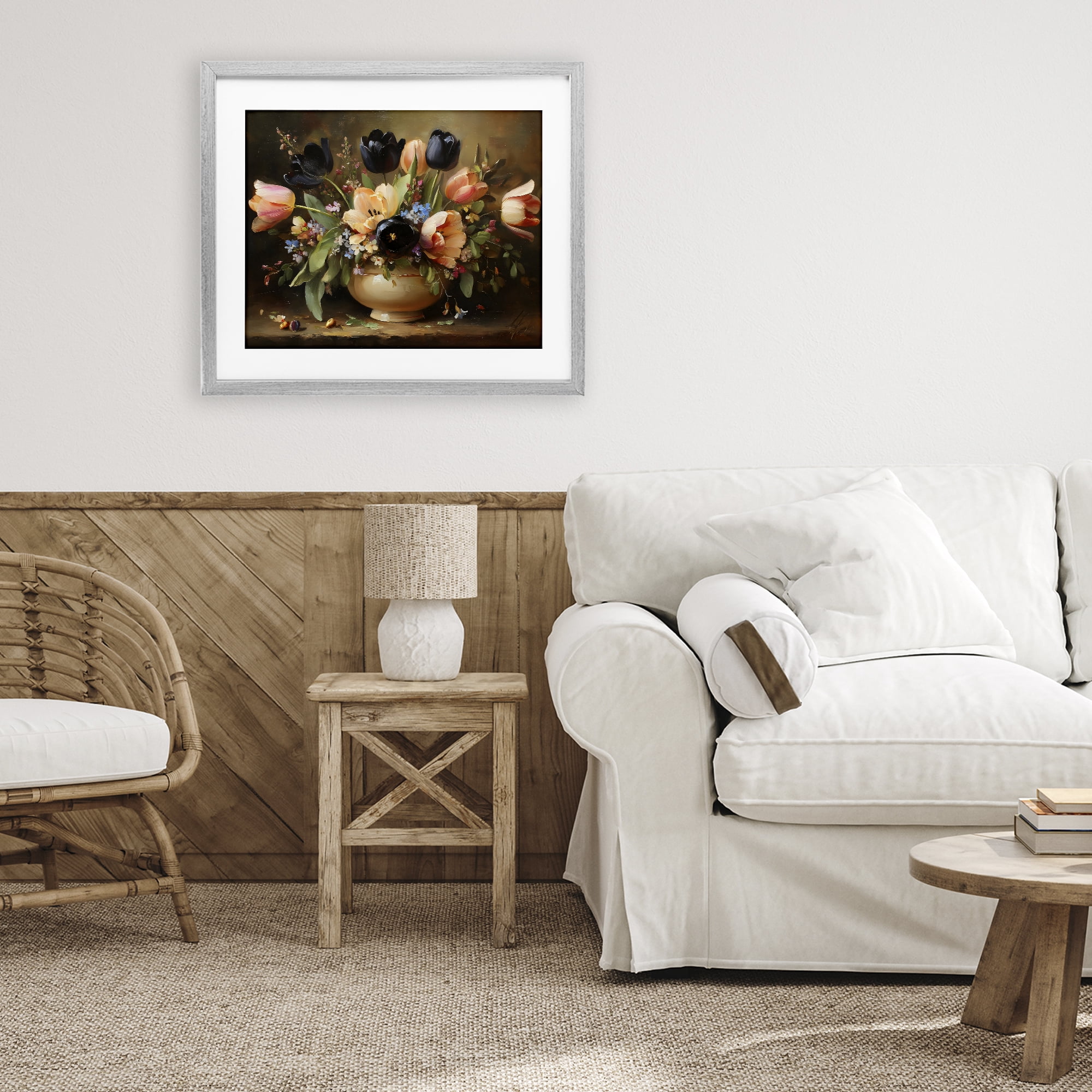 Stupell Industries Black Tulips & Peach Bouquet Gray Framed Print Under Glass, design by Franklyn Gregory