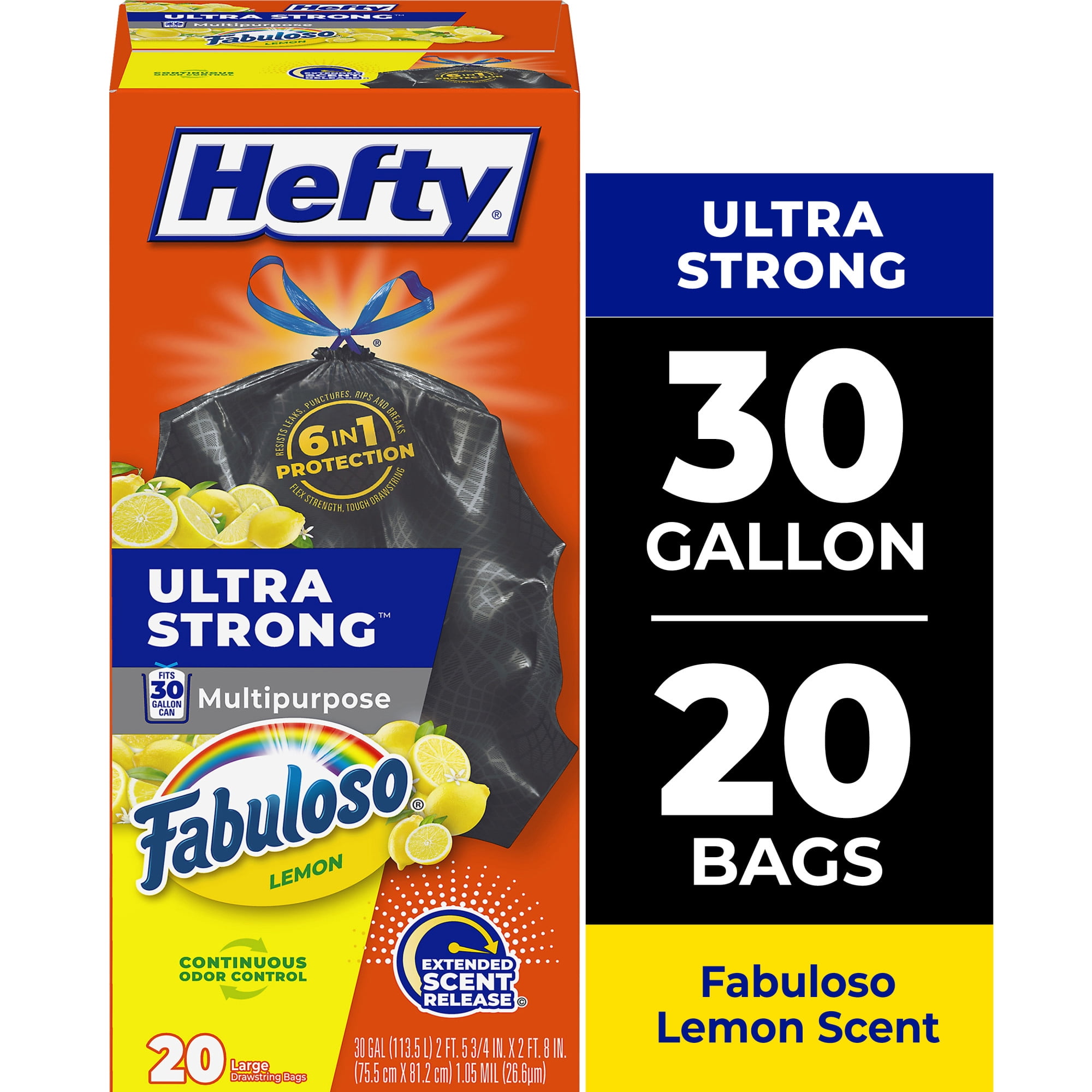 (6 pack) Hefty Ultra Strong 30 Gallon Trash Bags, Black Large Trash Bags, Fabuloso Lemon Scent, 20 Bags