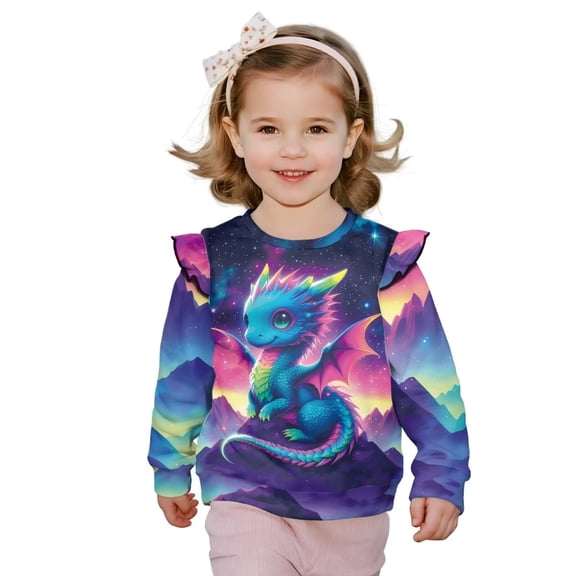 Yuyamidu Galaxy Dragon Sweatshirt Girls 1T-2T Long Sleeve Ruffle Shoulder Crewneck Sweatshirts Pullover Tops Y2K Outfits Soft Cozy Everyday Clothes for Fall