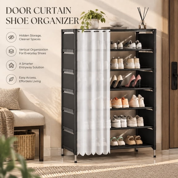 6-Tier Shoe Rack with Curtain Cover, Tall Shoe Storage Organizer with Open Shelves, Space-Saving Freestanding Shoe Shelf for Entryway, Bedroom, Closet and Hallway, Black