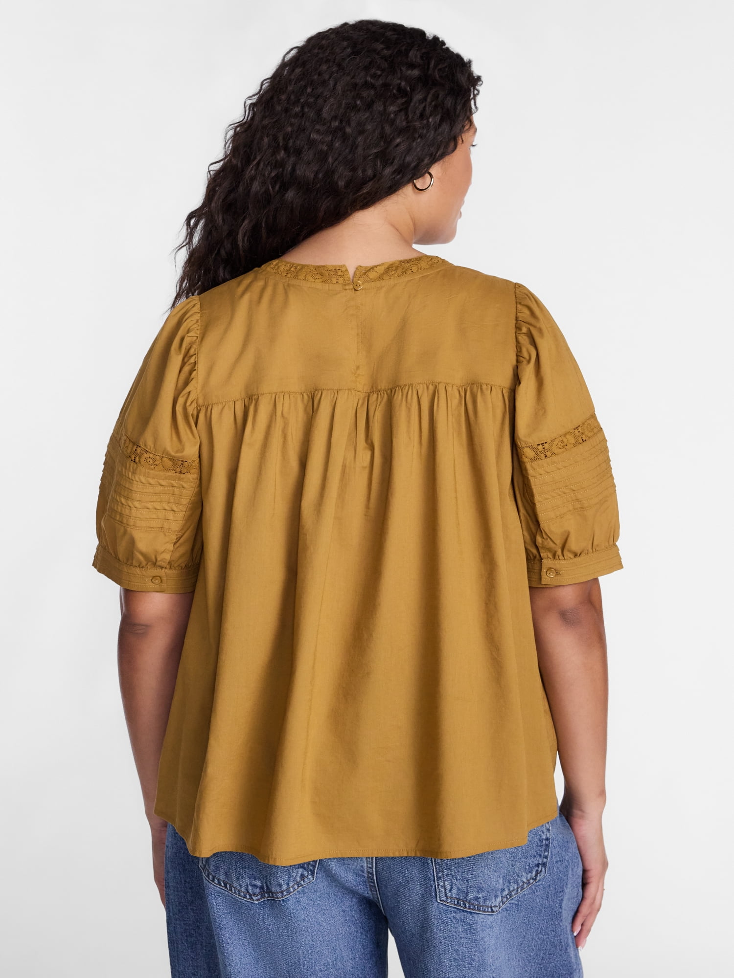 Terra & Sky Women's Plus Lace Trim Swing Top with Elbow Length Puff Sleeves, Sizes 0X-5X