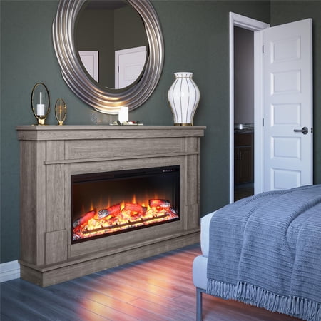 Ameriwood Home Elmdale Wide Mantel with Linear Electric Fireplace, Rustic Gray