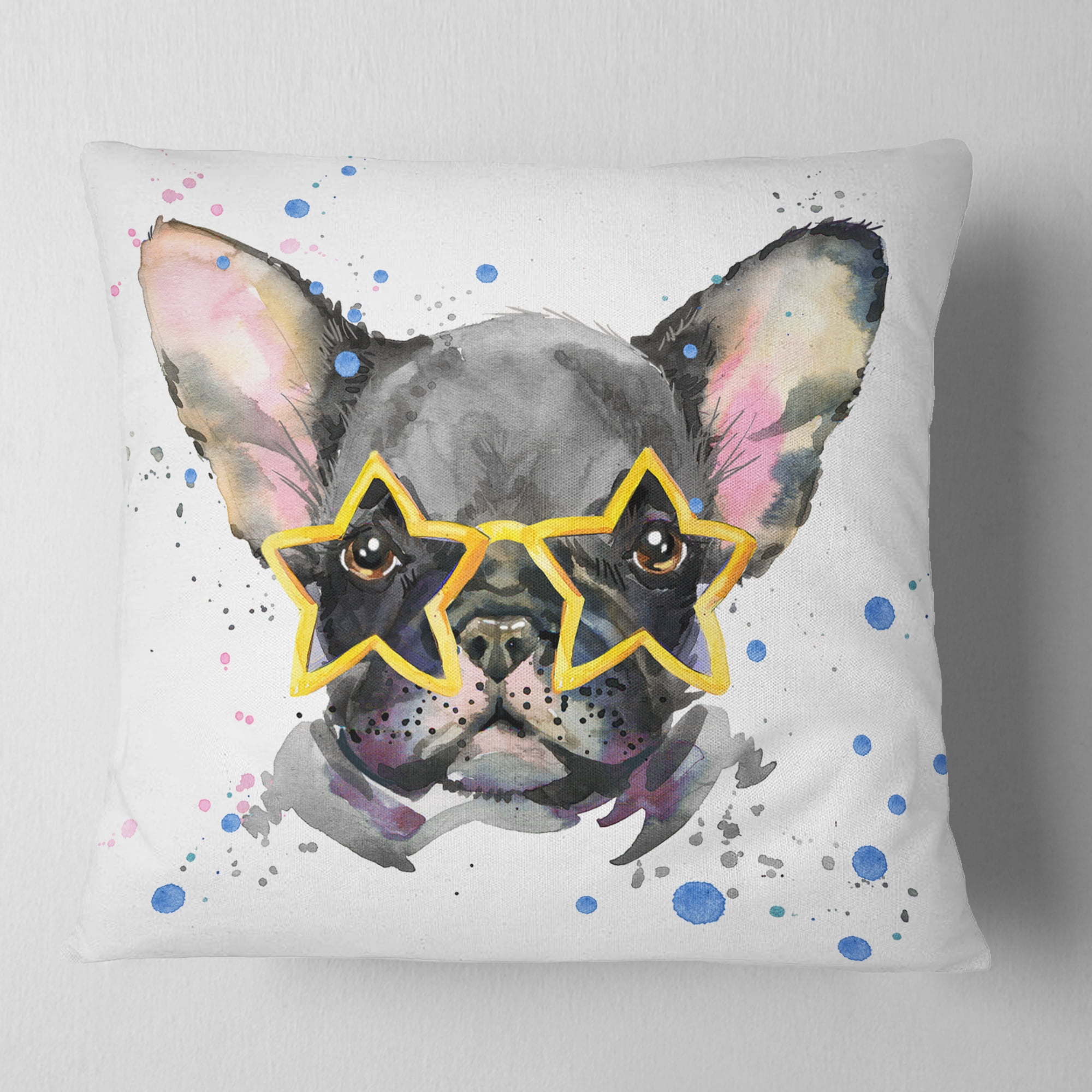 Designart Black French Bulldog with Stars - Animal Throw Pillow - 16x16