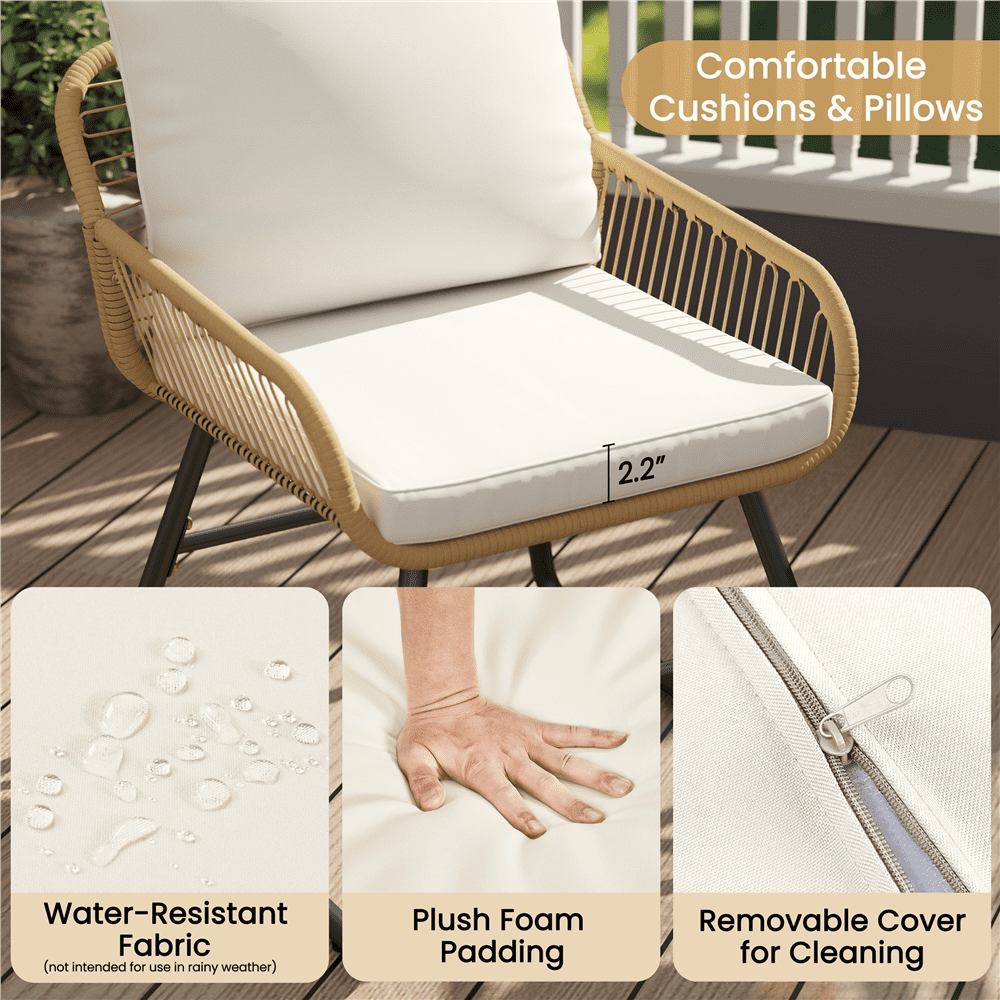 Renwick 3-Piece Patio Bistro Set with Wicker Rattan Chairs and Table, Tan/Cream