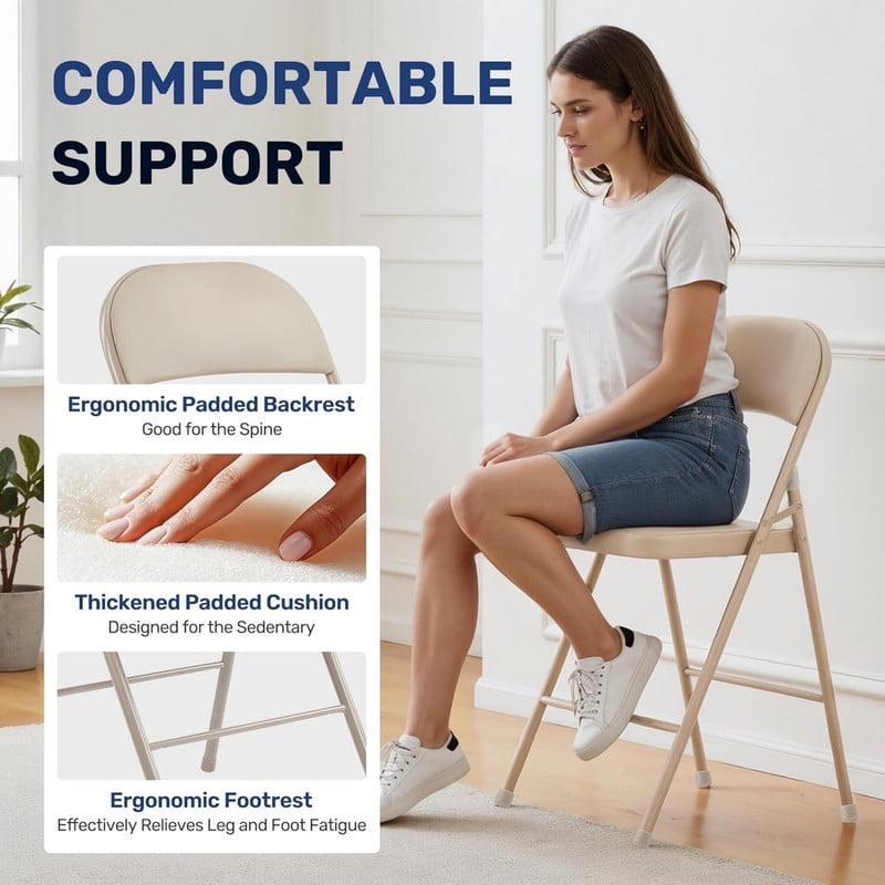 Kelno 2 Pack Folding Chair Leather Padded Seat Portable Chair, Khaki