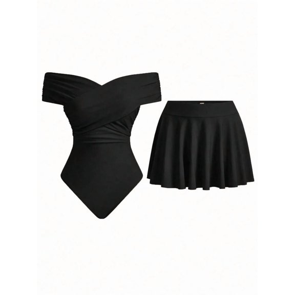 Black Off-Shoulder One-Piece Swimsuit With Skirted Bottom