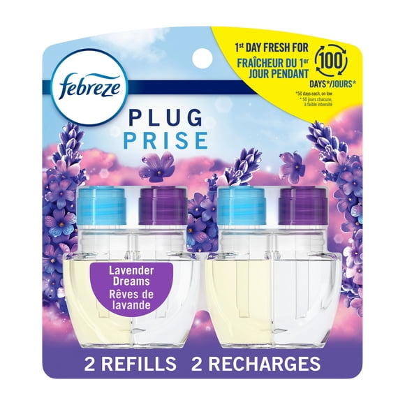 Febreze Désodorisant pour Prise, Recharge d'Huile Parfumée Anti-Odeurs, Parfum Rêves de Lavande, 2 Recharges
