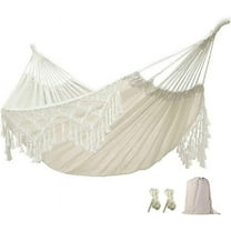 Boho Tassel Nest Hammock Brazilian Macrame Large Portable 2-Person Camping Double Hanging Swing Bed w Carry Bag for Indoor Outdoor Patio Use, Beige