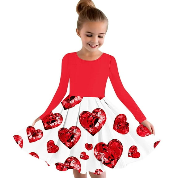 Ugoldhm Girls Valentines Lace Party Dress 4-14Y Fall Long Sleeve Crew Neck Fashion Outfit for Kids