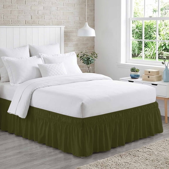 Bed Skirt Olive Green Adjustable Elastic Wrap-Around Dust Ruffle with Solid Color 18 Inch Drop, Bed Frame Cover for King Size Bed