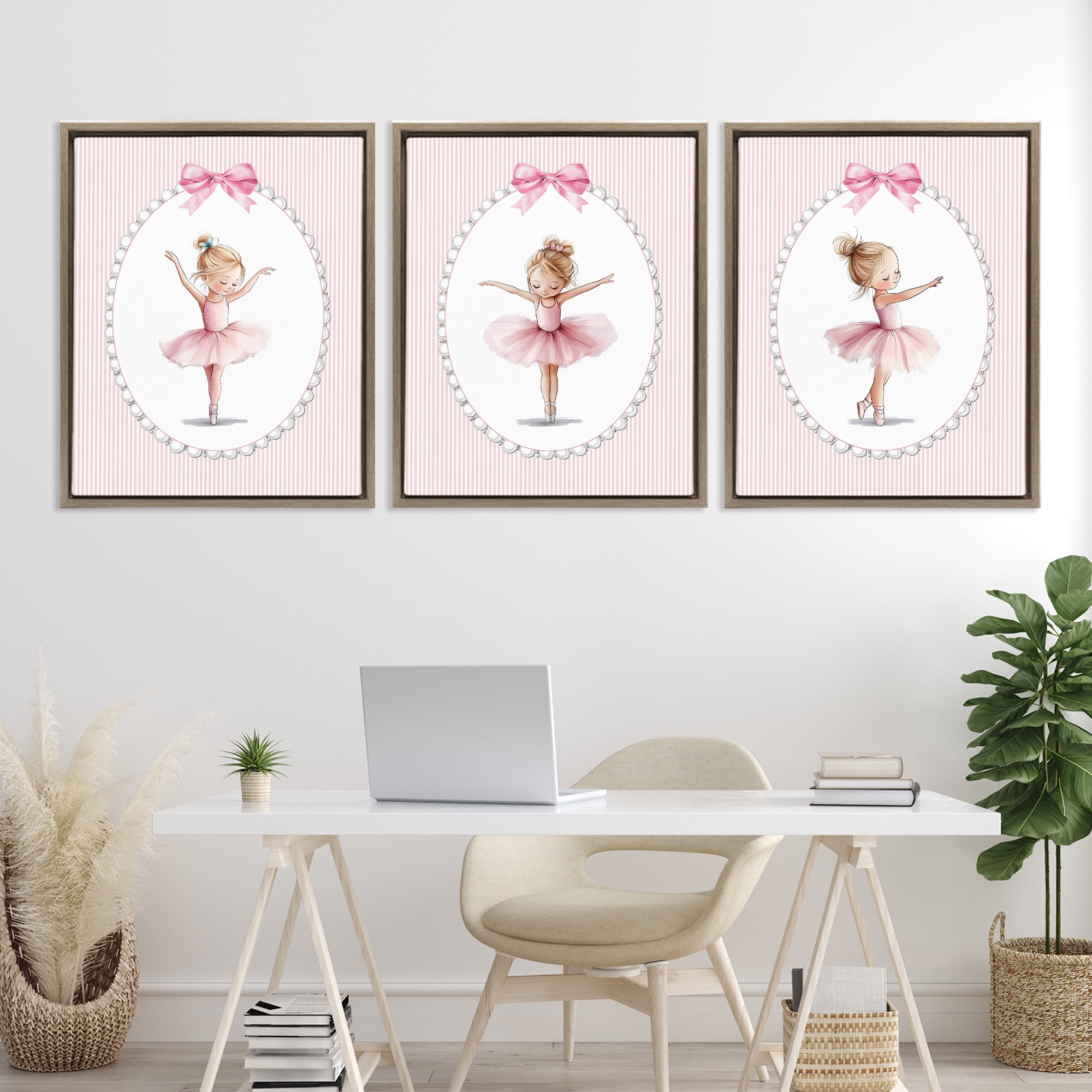 Stupell Industries Dancing Ballerinas in Pink 3 Piece Brown Framed Floater Canvas Set, design by Christine Simpson Art