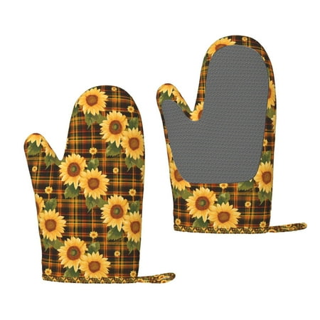 

Hirioo Yellow Black Plaid Sunflower for Silicone Oven Mitts for BBQ Baking Cooking Set of 2 Heat Resistant 260℃ Non-Slip Kitchen Essentials
