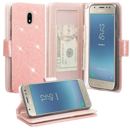 For Tracfone Samsung Galaxy J7 Crown (S767VL) Case Glitter Pu Leather Flip Wallet Case [ID&Credit Card Slots] Phone Cases  - Rose (Best Leather Phone Cases)