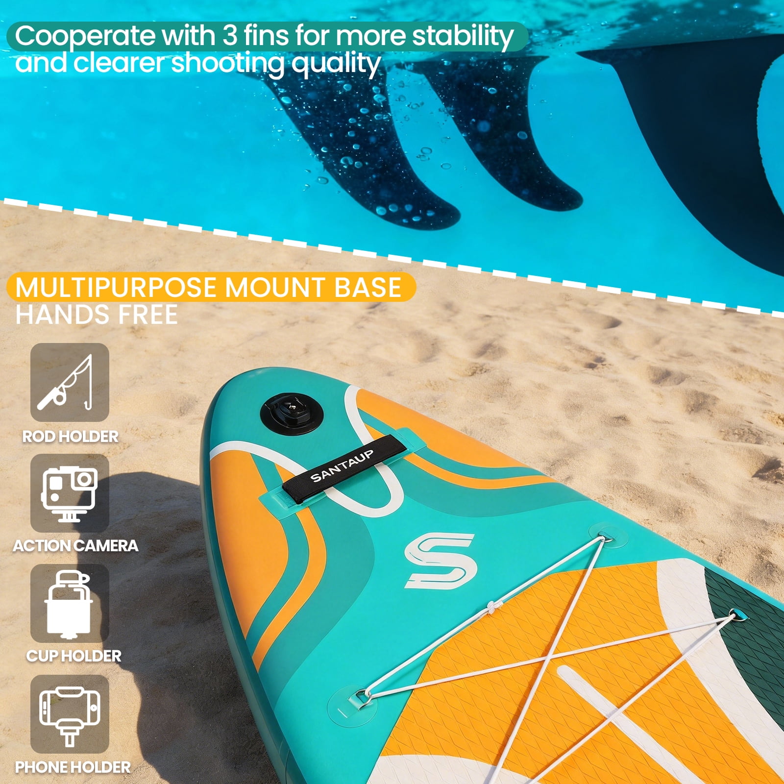 Santasup Inflatable Stand Up Paddle Board with SUP Accessories, Big Wide Anti-Slip EVA Deck, Waterproof Bag, Colorful Green 11' Sup Boards for Adults & Youth of All Skill Levels