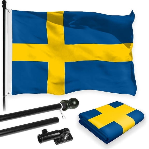 G128 Combo Pack: 6 Feet Tangle Free Spinning Flagpole (Black) Sweden Swedish Flag 3x5 ft Printed 150D Brass Grommets (Flag Included) Aluminum Flag Pole