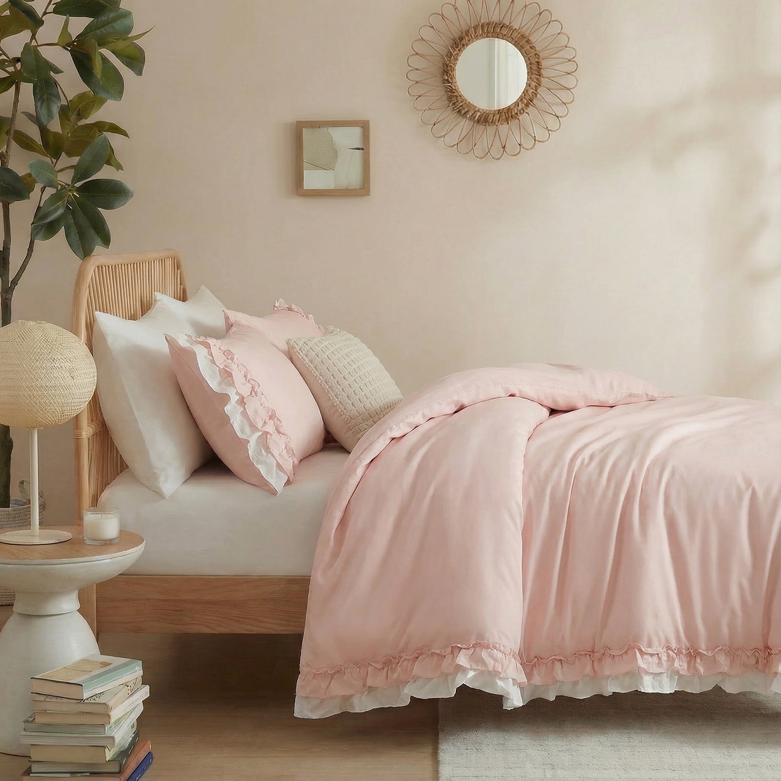 100% Cotton Ruffled Comforter Set Queen, White Shabby Chic Farmhouse Bedding Set French Country Cute Comforter Set