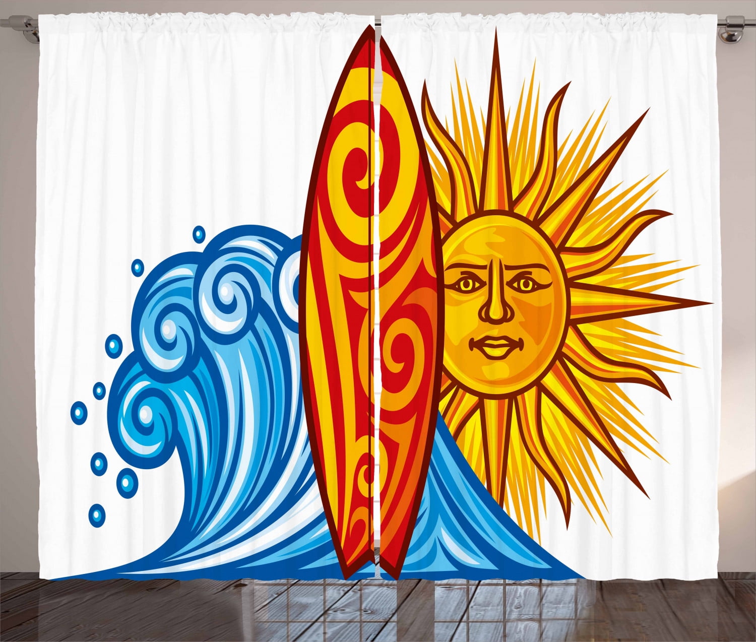 Ride The Wave Curtains 2 Panels Set, Ocean Wave Sun and Surfboard