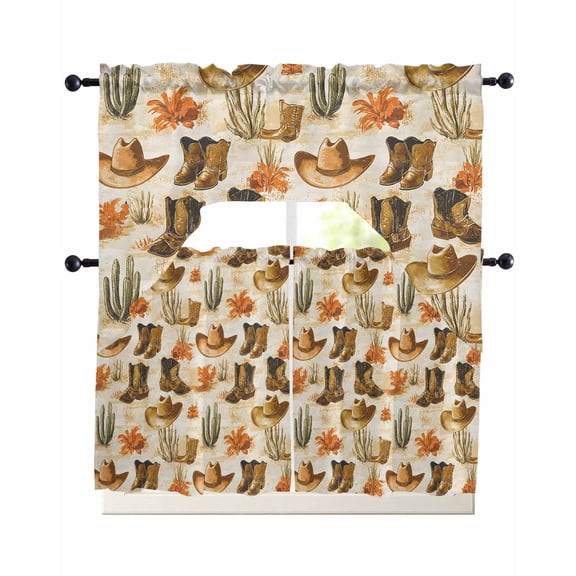 Western Cowboy Kitchen Curtains Swag Valance and Tier Curtains Set 24 Inch Length, Vintage Brown Desert Botanical Rod Pocket Drape Panels Pair Swag Curtain for Bathroom/Cafe/Window